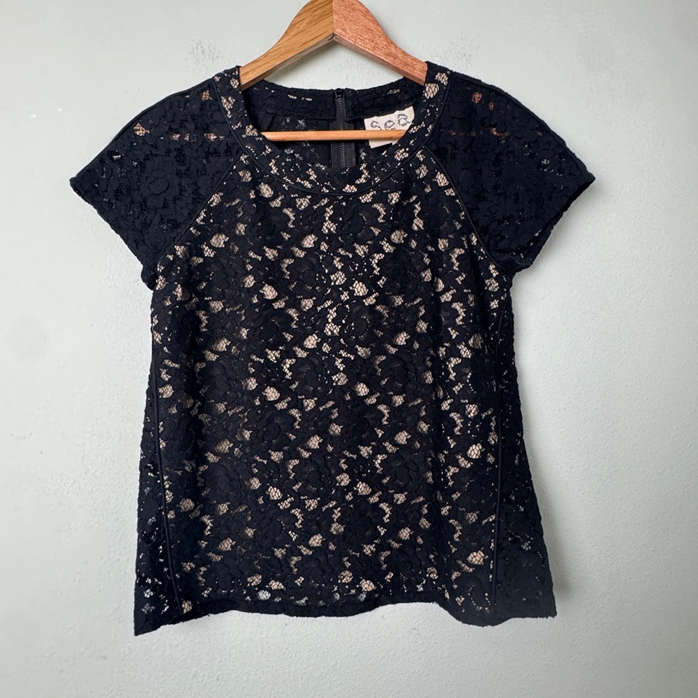 Sea New York Black Lace Semi Sheer Lace Short Sleeve‎ Blouse Top Size 0